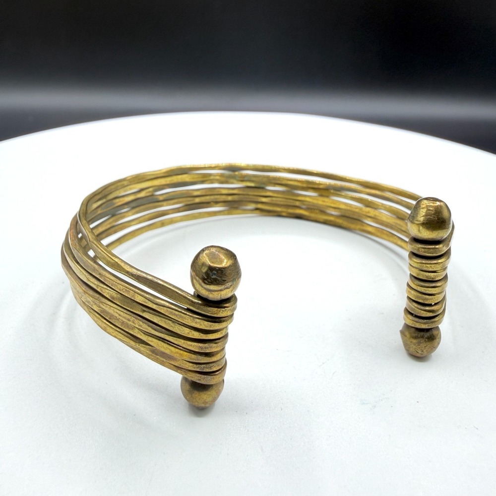 Brass Tone Multi Wire Open Cuff Bracelet Wrapped Ball Ends Boho Tribal Jewelry